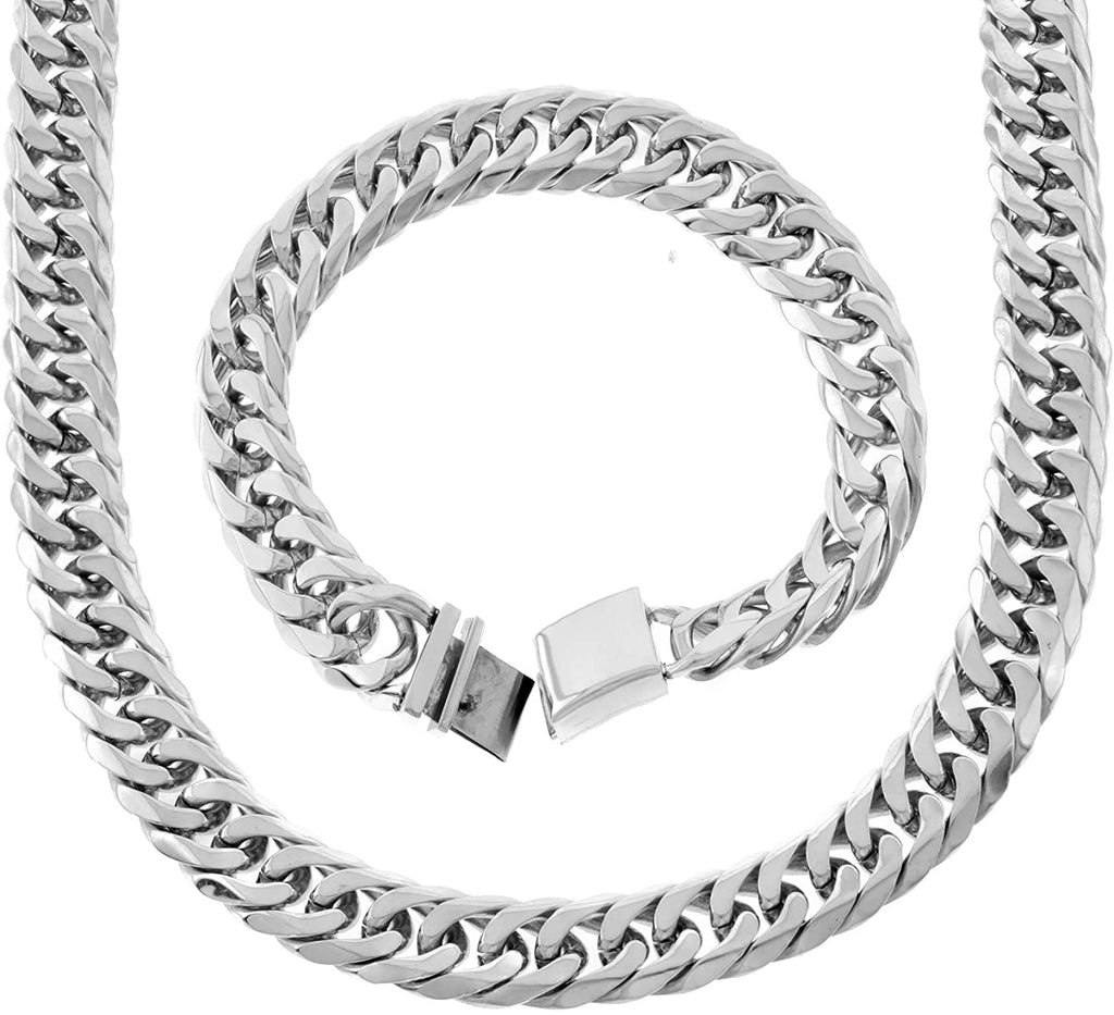 Men's Extra Long Choker Solid Stainless Steel 16mm Miami Cuban Link Chain and Bracelet Set Heavy 20-36 inches Necklace
