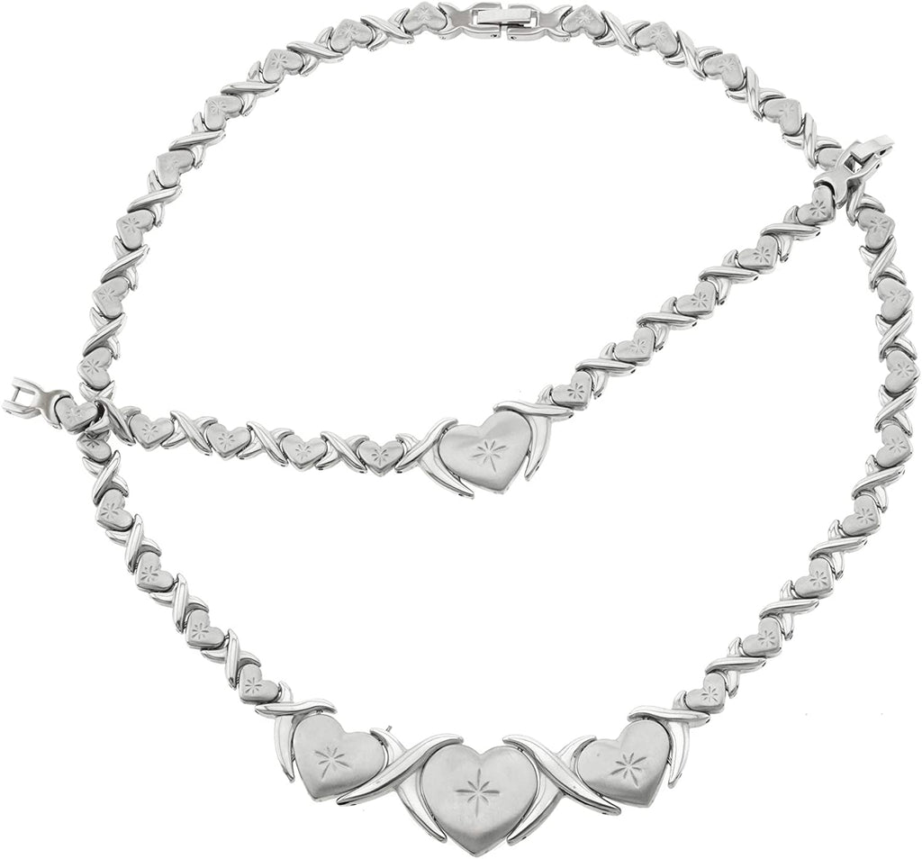 Bling Bling NY Women's Stainless Steel Big Heart Claddagh XOXO Necklace Stampato Hugs & Kisses Necklace and Bracelet Set Love Hearts Relationship Set 18 inches