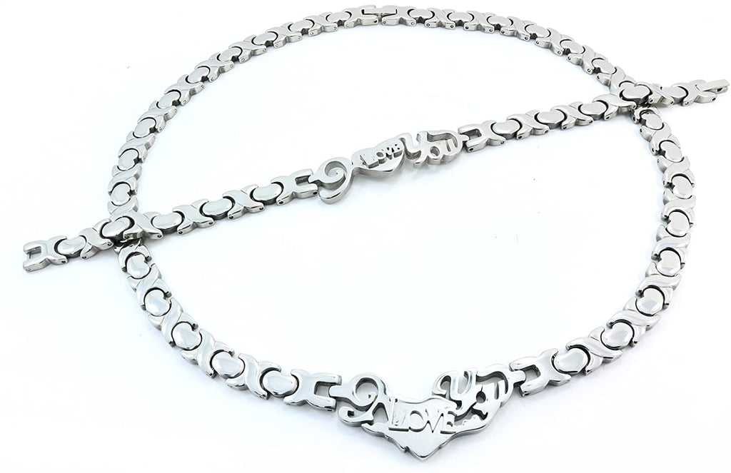 SILVER I LOVE YOU HUGS AND KISSES NECKLACE AND BRACELET SET XOXO 18"
