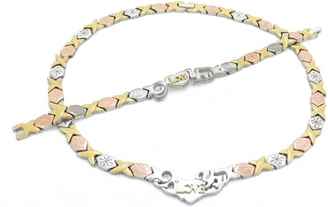 3 TONE I LOVE YOU HUGS AND KISSES NECKLACE & BRACELET SET XOXO STARBURST 18