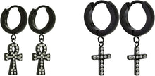 Load image into Gallery viewer, 2 PAIRS Unisex Stainless Steel CZ Christian Cross Egyptian ANKH Cross Dangle Hanging Hinged Hoop Earrings Small Bling Ankh Cross Drop Dangling Earrings (Silver, Gold, Black)