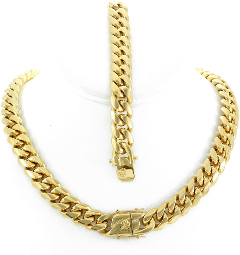 Bling Bling NY Solid 14k Yellow Gold Finish Stainless Steel 14mm Thick Miami Cuban Link Chain Bracelet Set Box Clasp Lock 30 inches