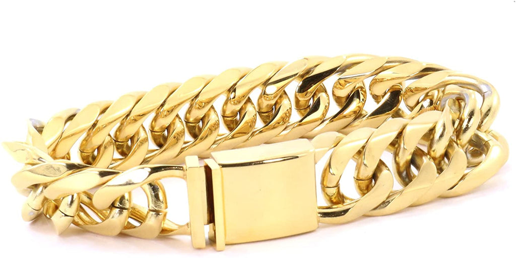 Bling Bling NY Mens Thick Tight Close Link Yellow Gold Finish Miami Cuban Link Chain and Bracelet Set