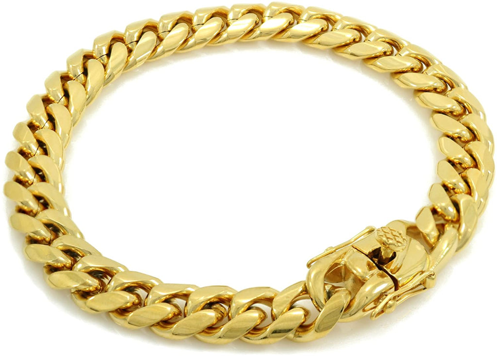 Bling Bling NY Men 14k Yellow Gold Finish Stainless Steel 6mm 8mm 10mm 12mm 14mm 16mm 18mm Thick Miami Cuban Link Curb Bracelet Triple Box Clasp Lock