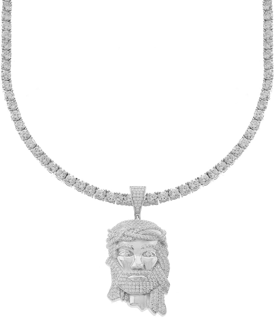 InstaBling NY Mens 4mm Real Solid 925 Sterling Silver 1 Row Tennis Chain & Iced Out Jesus Piece Pendant ICY Baguettes in The Face CZ - Tennis Jesus Piece Chain