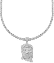 Load image into Gallery viewer, InstaBling NY Mens 4mm Real Solid 925 Sterling Silver 1 Row Tennis Chain &amp; Iced Out Jesus Piece Pendant ICY Baguettes in The Face CZ - Tennis Jesus Piece Chain