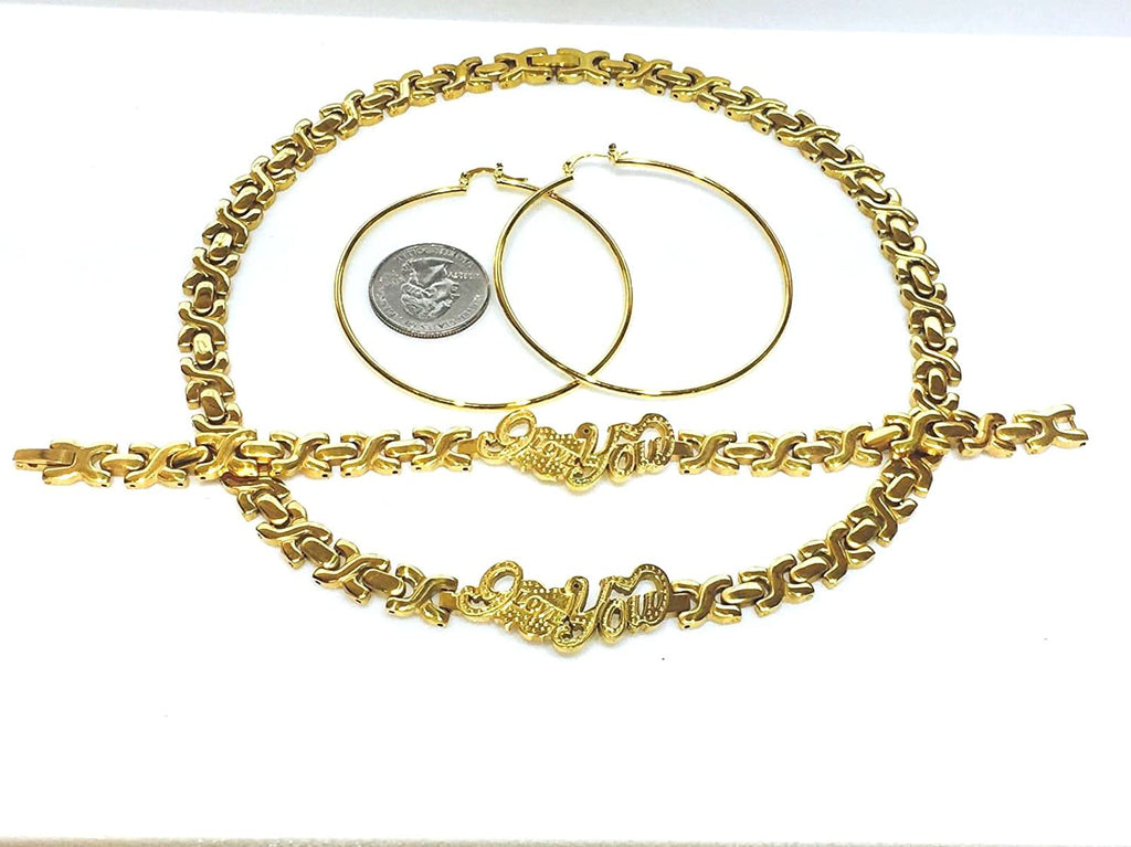Womens Gold Tone Hugs and Kisses I Love You Necklace Bracelet Earrings Set Stainless Steel No Stone XOXO