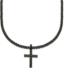 Men's Black Finish Round Cut Cubic Zirconia Cross Pendant with 1 Row Black Tennis Necklace Choker Chain 18-24 inches