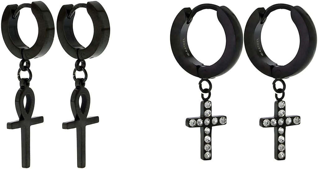 2 PAIRS Unisex Stainless Steel CZ Christian Cross Plain Egyptian ANKH Cross Dangle Hanging Hinged Hoop Drop Earrings (Silver, Gold, Black)