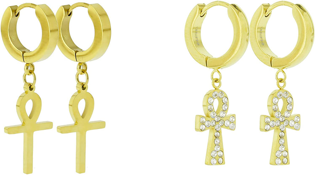 2 PAIRS Unisex Stainless Steel CZ Egyptian ANKH Cross Dangle Hanging Hinged Hoop Earrings Small Bling Ankh Cross Drop Dangling Earrings (Silver, Gold, Black)