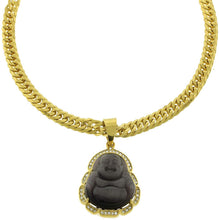 Stainless Steel 18K Gold Plated Iced Smiling Laughing Chubby Buddha Good Luck Green Jade Blue Black Brown White Pendant w/Cuban Chain