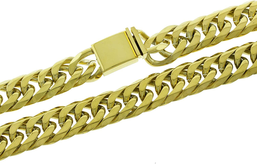 Bling Bling NY Solid 14k Yellow Gold Finish Stainless Steel 21mm Thick Miami Cuban Link Choker Chain Necklace & Bracelet Set 24 inches