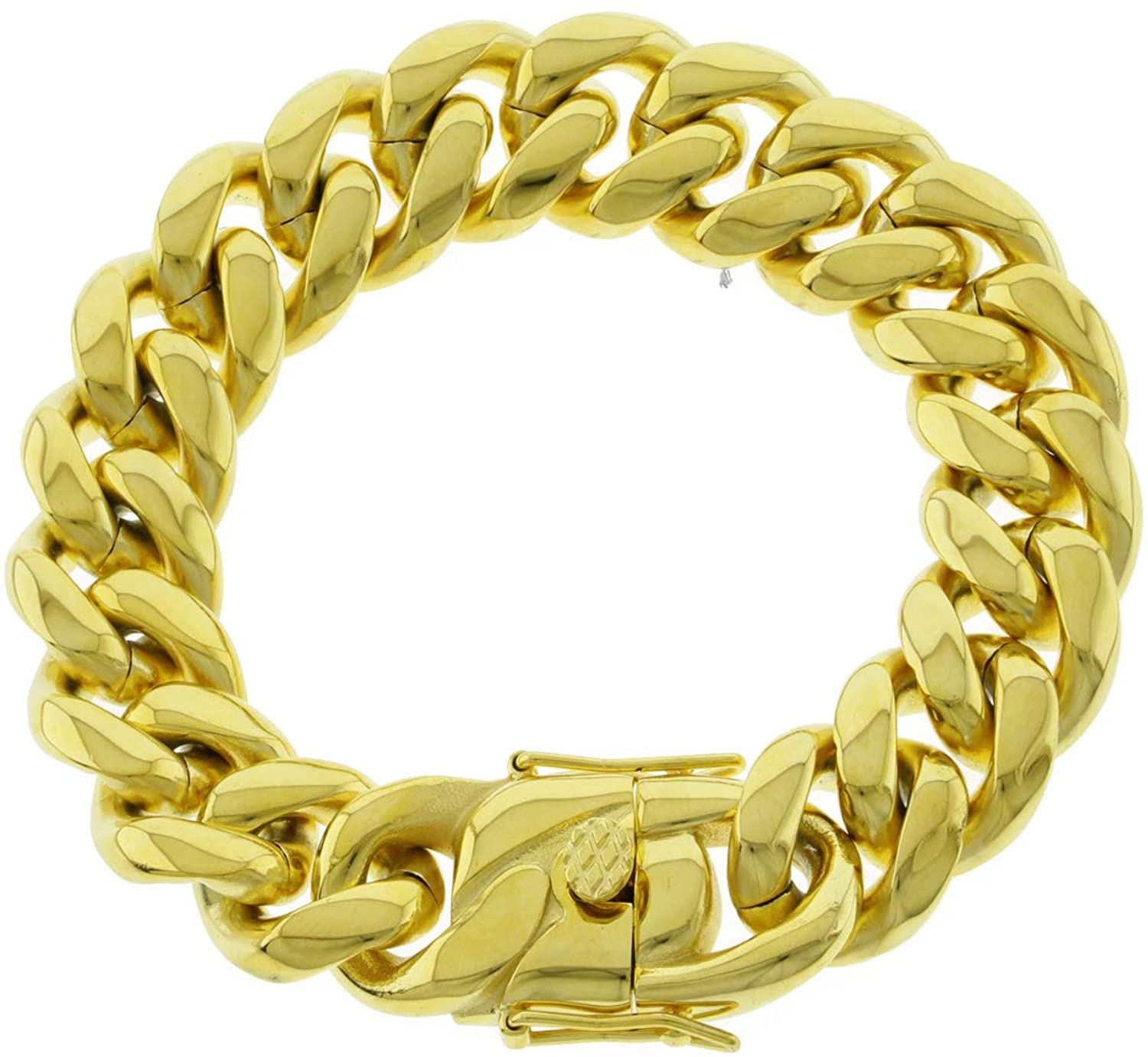 Mens Real 18K Gold Plated Stainless Steel 18mm Wide Curb Big Thick Heavy Solid Miami Cuban Link Chain Necklace Bracelet Set Hip Hop Jewelry Box Lock