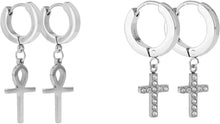 Load image into Gallery viewer, 2 PAIRS Unisex Stainless Steel CZ Christian Cross Plain Egyptian ANKH Cross Dangle Hanging Hinged Hoop Drop Earrings (Silver, Gold, Black)