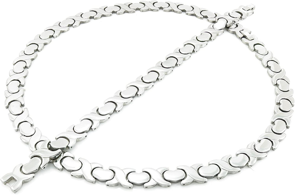 New Wide Hugs and Kisses Silver Stainless Steel Stampato Necklace Earring Bracelet Set 18 inches X and O