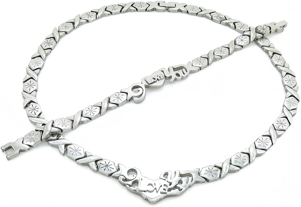 Silver Tone I Love You HUGS and Kisses Necklace & Bracelet Set XOXO Starburst 20" Length