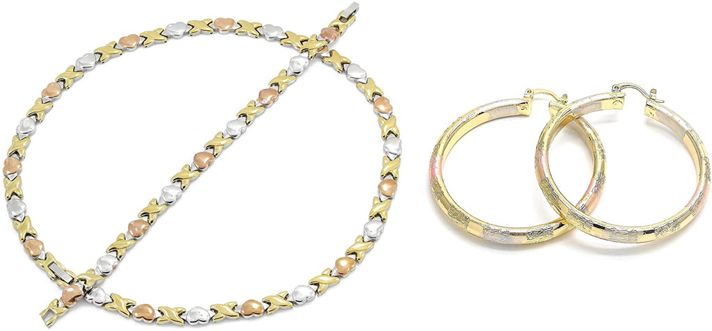 Bling Bling NY Women's Classic Tri-Colored Hugs Kisses XOXO Wing Heart Stampato Necklace Bracelet Earrings Jewelry Set Round Flat Diamond Cut 40mm-80mm Hoops