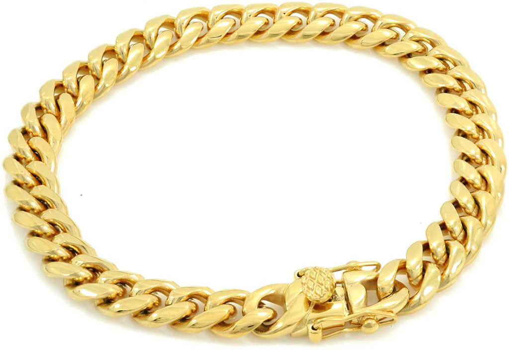 Bling Bling NY Men 14k Yellow Gold Finish Stainless Steel 6mm 8mm 10mm 12mm 14mm 16mm 18mm Thick Miami Cuban Link Curb Bracelet Triple Box Clasp Lock