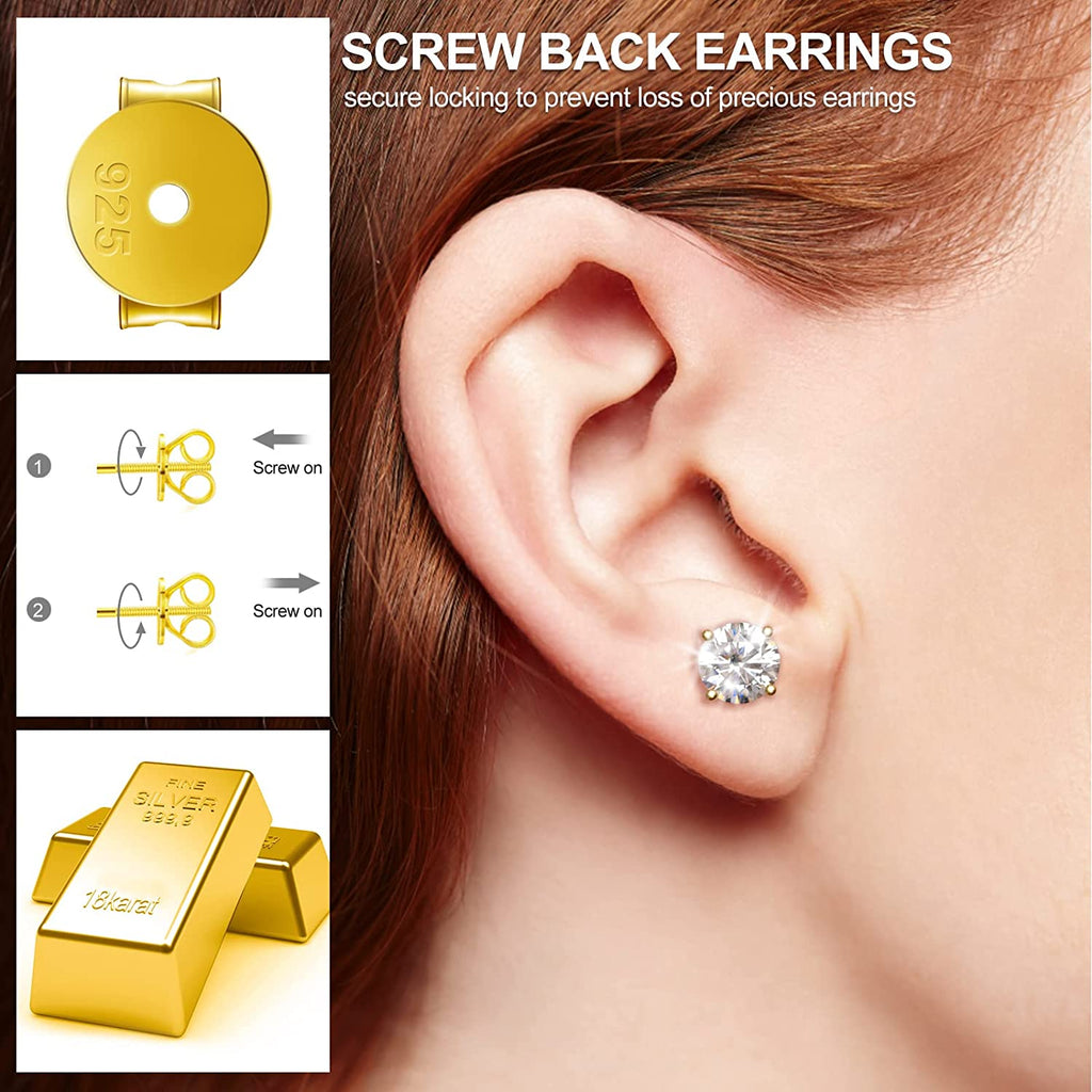 2 Pairs Screw Earring Backs Replacement, 925 Sterling Silver Screw On  Earring Backs for Studs, Hypoallergenic Gold Plated Secure Screw Backs Fit  for