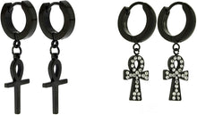 Load image into Gallery viewer, 2 PAIRS Unisex Stainless Steel CZ Egyptian ANKH Cross Dangle Hanging Hinged Hoop Earrings Small Bling Ankh Cross Drop Dangling Earrings (Silver, Gold, Black)