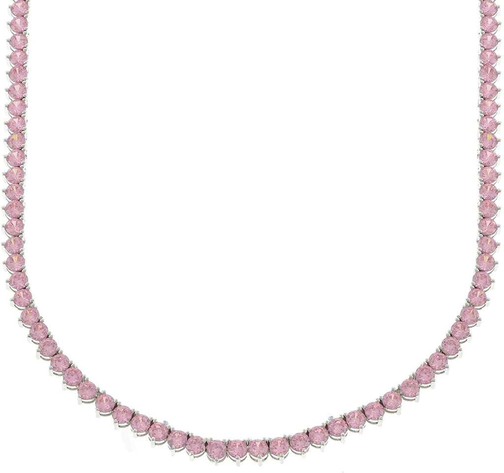 Bling Bling NY Unisex 1 Row Silver Finish Pink Lab Created Diamonds 4MM Thick 3 Prong 4 Prong Tennis Necklace 18-24 Inches