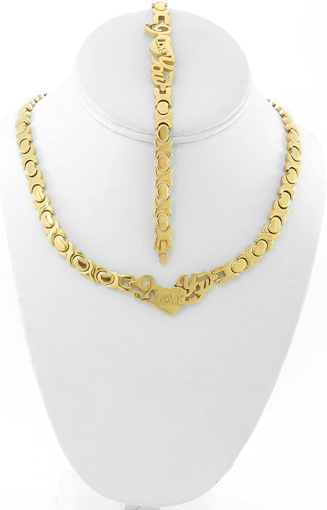 (2 Sets) I Love You Gold Tone HUGS and Kisses Necklace and Bracelet Set Love Relationship XOXO Stampato Set 18/20 inches