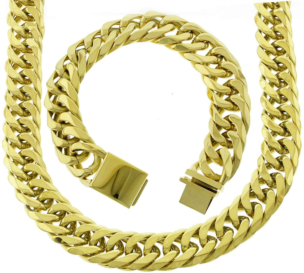 Bling Bling NY Solid 14k Yellow Gold Finish Stainless Steel 21mm Thick Miami Cuban Link Choker Chain Necklace & Bracelet Set 24 inches