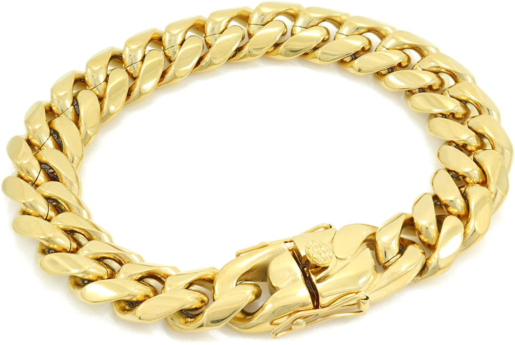 Bling Bling NY Men 14k Yellow Gold Finish Stainless Steel 6mm 8mm 10mm 12mm 14mm 16mm 18mm Thick Miami Cuban Link Curb Bracelet Triple Box Clasp Lock