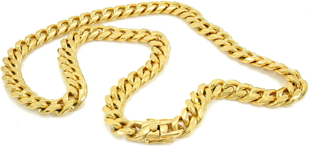 Men's Miami Cuban Link Chain 18k Yellow Gold Plated Stainless Steel 6mm 8mm 10mm 12mm 14mm 16mm 18mm Thick Necklace 24 inches