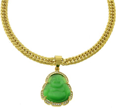 Stainless Steel 18K Gold Plated Iced Smiling Laughing Chubby Buddha Good Luck Green Jade Blue Black Brown White Pendant w/Cuban Chain