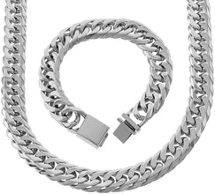SPARKLE XOXO Solid Stainless Steel 18mm Miami Cuban Link Chain and Bracelet Set 24 Inch