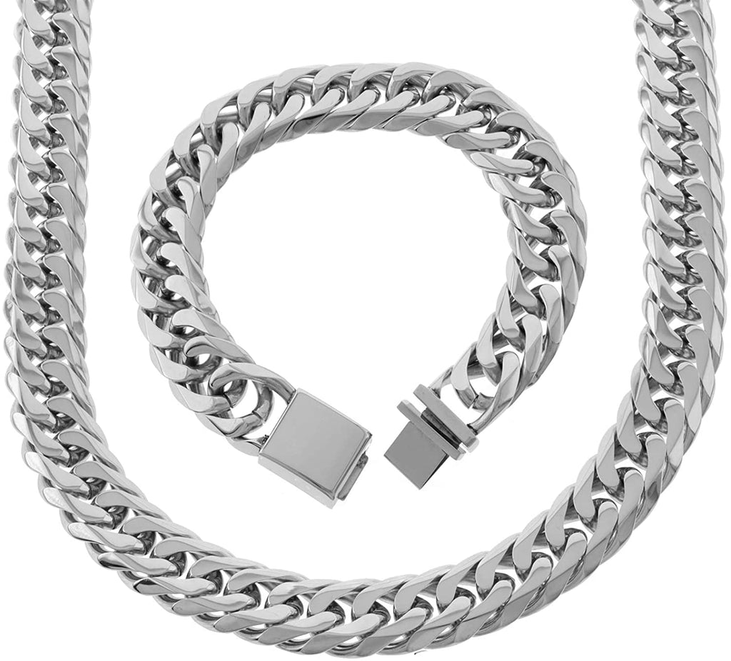 Bling Bling NY Solid Stainless Steel 18mm Miami Cuban Link Chain and Bracelet Set
