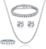 18K White Gold Plated Tennis Necklace/Bracelet/Earrings/Band Ring Sets Hypoallergenic Jewelry Pack of 4