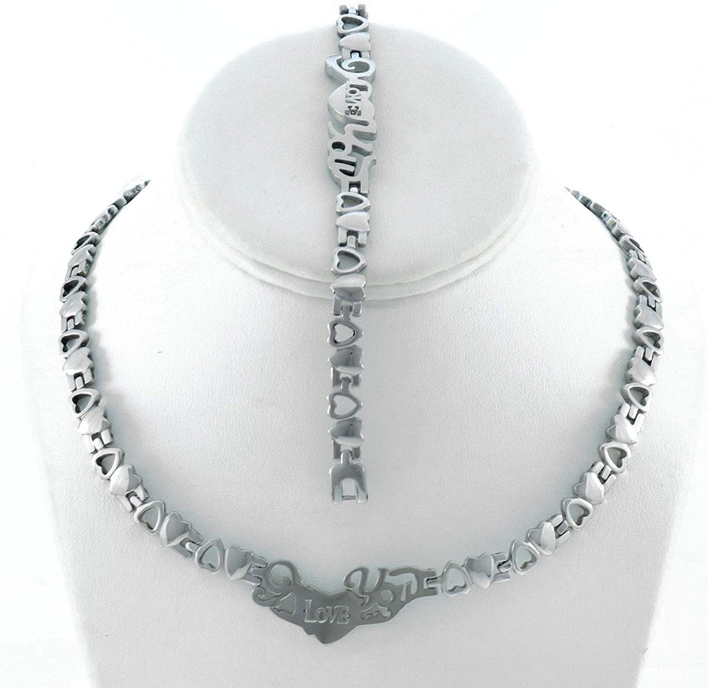 SPARKLE XOXO New Silver Hugs and Kisses I Love You Necklace Bracelet Earring Set 18 inches in Stainless Steel X and O with Half Moon Shape Hoop Earrings