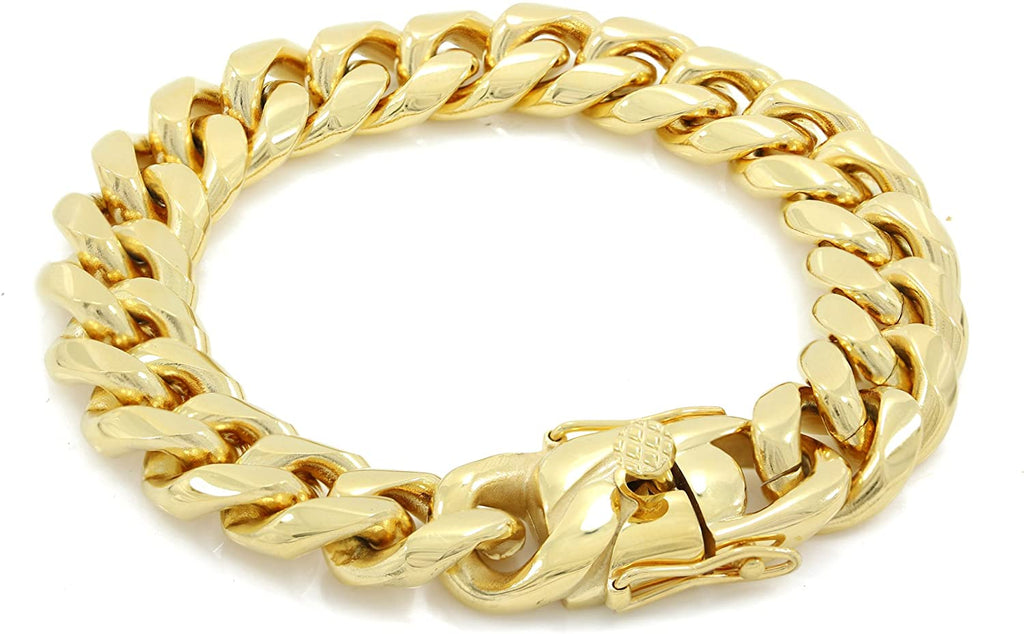 Bling Bling NY Men 14k Yellow Gold Finish Stainless Steel 6mm 8mm 10mm 12mm 14mm 16mm 18mm Thick Miami Cuban Link Curb Bracelet Triple Box Clasp Lock