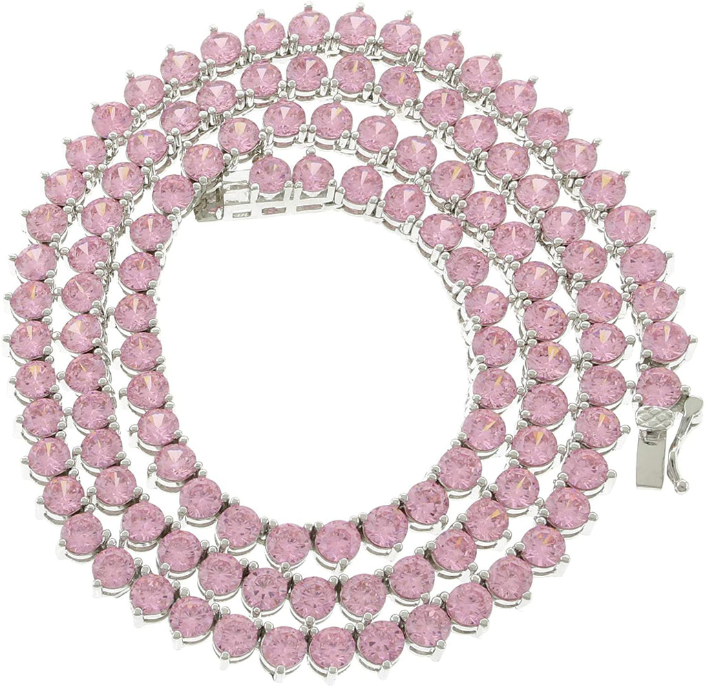 Bling Bling NY Unisex 1 Row Silver Finish Pink Lab Created Diamonds 4MM Thick 3 Prong 4 Prong Tennis Necklace 18-24 Inches