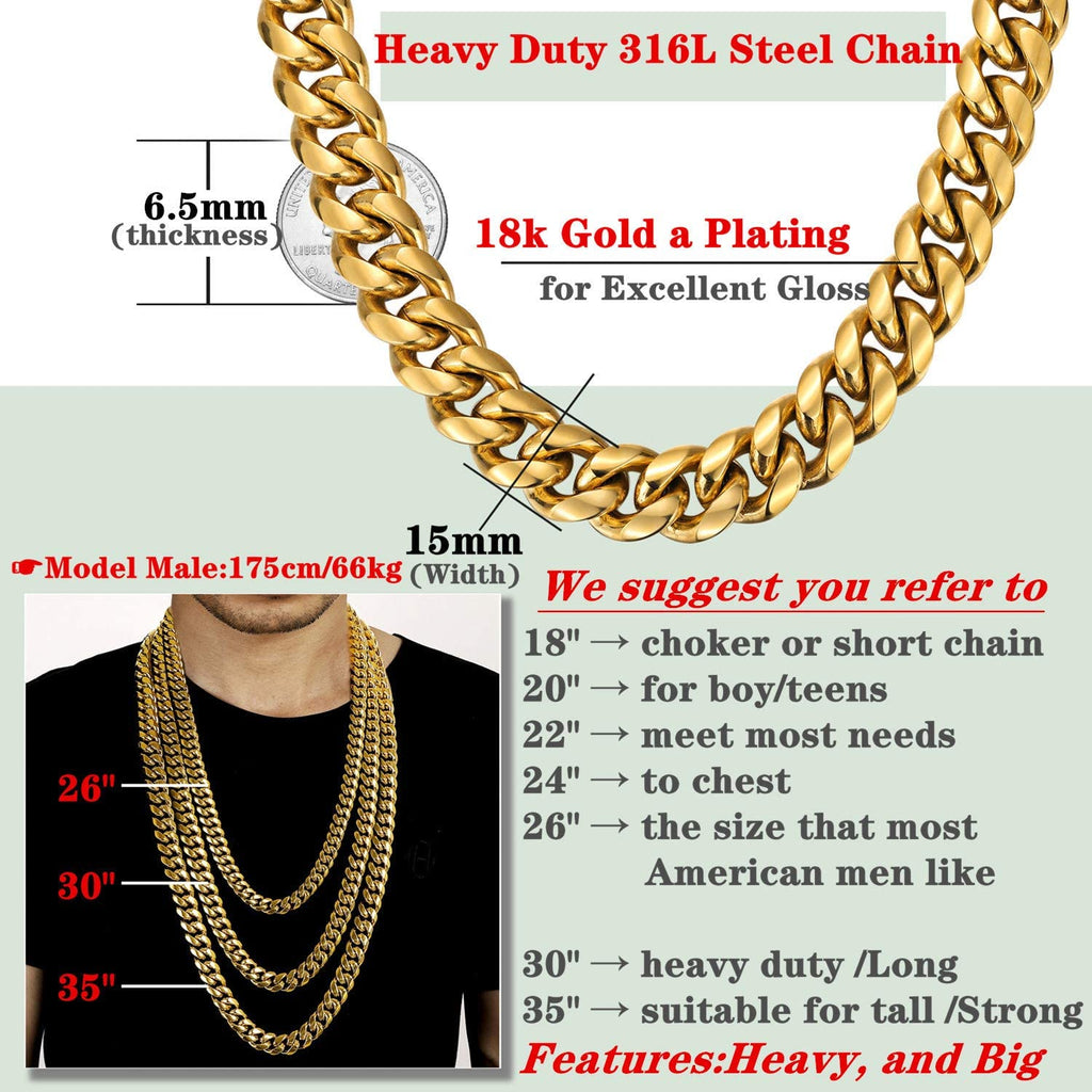 ROWIN&CO Mens Chain Thick Heavy 18K Gold Plated Stainless Steel Miami Curb Cuban Link Necklace Hip Hop Jewelry Choker Chain,15mm Width/ 18 20 22 24