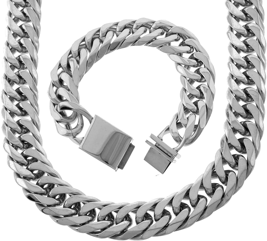 Bling Bling NY Solid Silver Finish Stainless Steel 21mm Thick Miami Cuban Link Chain Necklace and Bracelet Set