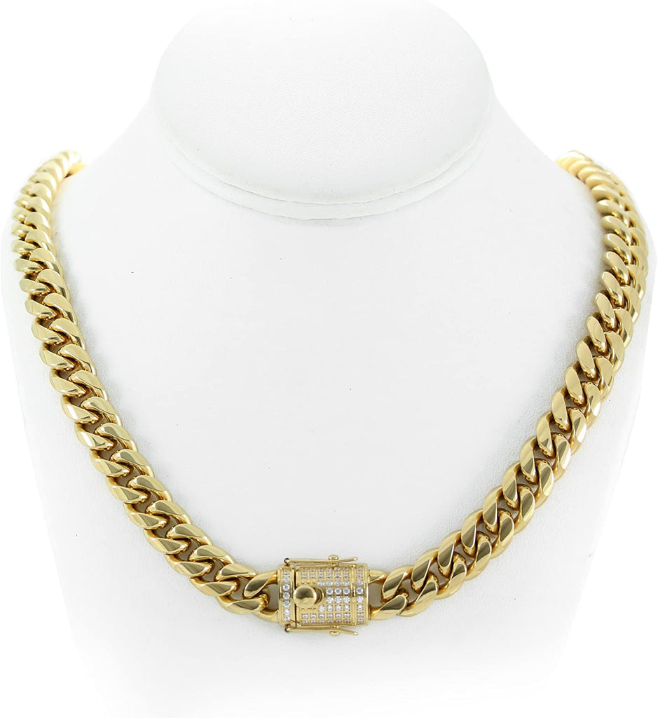 Solid 14k Yellow Gold Finish Stainless Steel 12mm Thick Miami Cuban Link Chain Hip Hop Bling Lab Created Diamonds Box Clasp Lock