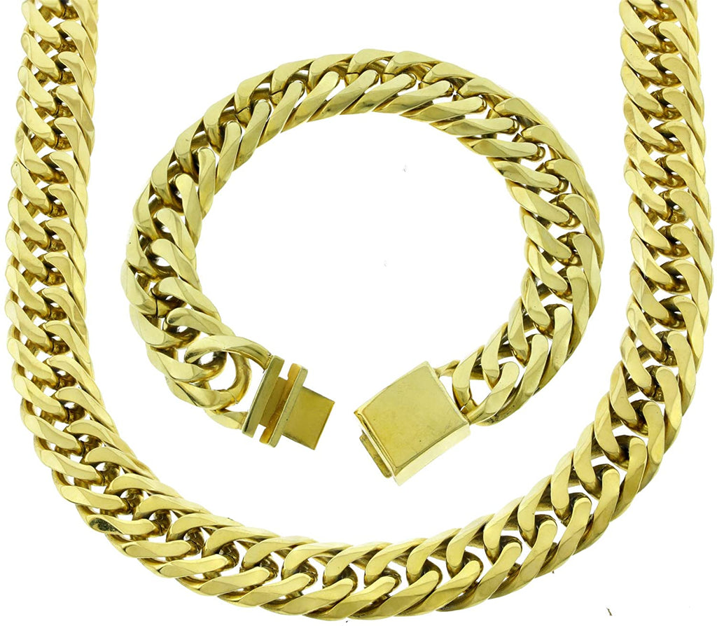 Men's 16mm Extra Long Thick Heavy Tight Link 18K Gold Plated Solid Stainless Steel Miami Cuban Link Oversize Chunky Big Chain Bracelet Set Box Lock 20-36 Inches
