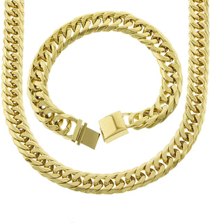 Solid 14k Yellow Gold Finsh Stainless Steel 13mm Thick Miami Cuban Link Chain Necklace & Bracelet Set