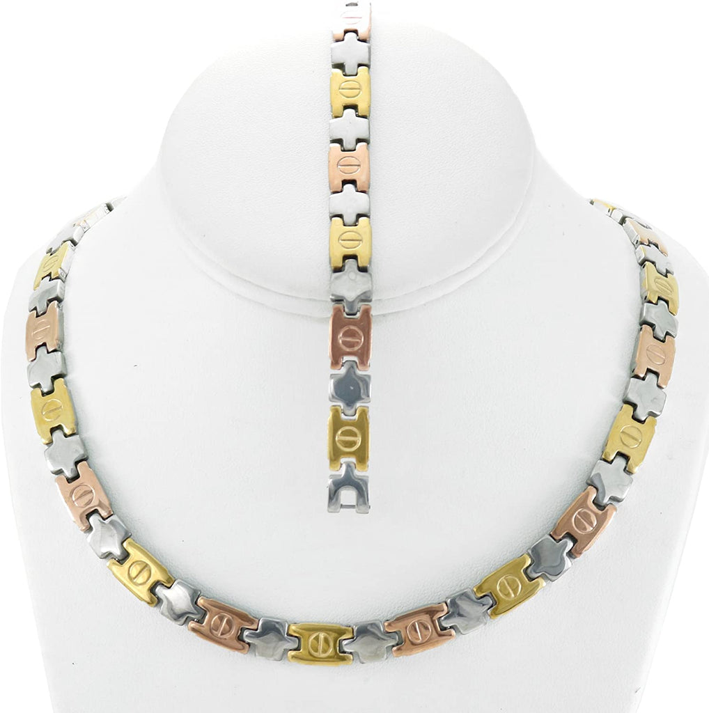 NEW Womens Three Tone (Gold Rose & Silver) XOXO Love Necklace and Bracelet Set 18" LENGTH