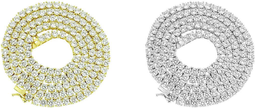 Bling Bling NY Set of 2 New One Row Tennis Necklace Gold/Silver Finish Lab Created Diamonds 4MM Iced Out Solitaires (Gold 22 inches & Silver 30 inches)