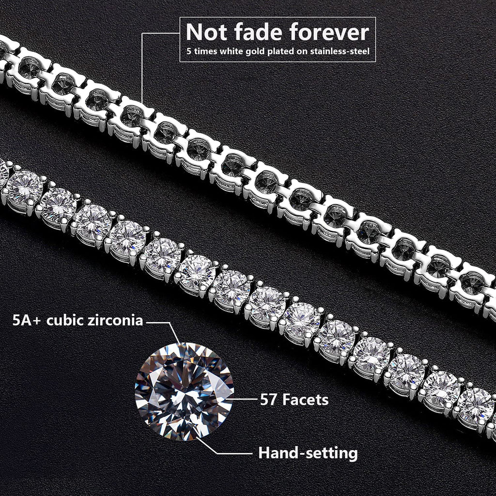 thumbnail image 2 of Unisex Stainless Steel 1 Row 4mm 5A+ CZ Tennis Necklace Bracelet – Anti-Tarnish Hip Hop Jewelry 2 of 6