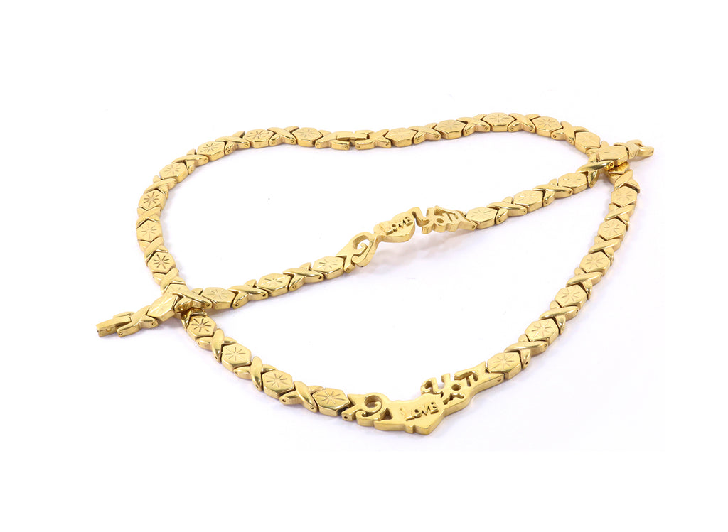 (2 SETS) I LOVE YOU GOLD TONE HUGS AND KISSES NECKLACE & BRACELET SET XOXO STARBURST 18" LONG