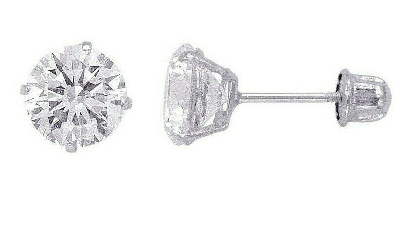Unisex Classic 14K Solid White Gold Round Solitaire Cubic Zirconia Bolita Screw Back Stud Earrings