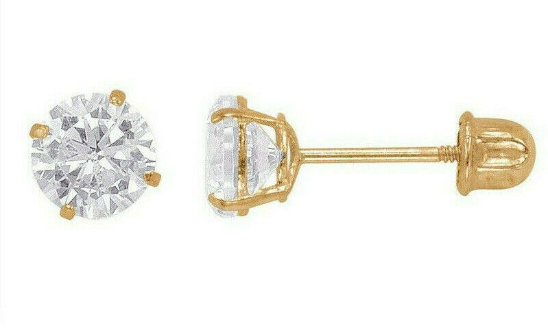 Unisex Classic 14K Solid Yellow Gold Round Solitaire Cubic Zirconia Bolita Screw Back Stud Earrings