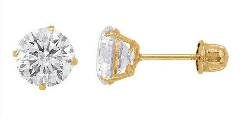 Unisex Classic 14K Solid Yellow Gold Round Solitaire Cubic Zirconia Bolita Screw Back Stud Earrings